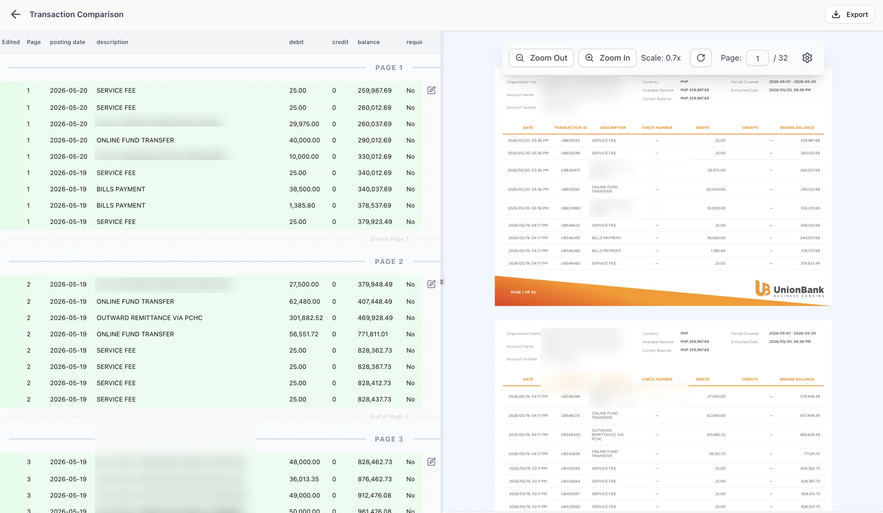 Floowed cross-checking an extracted transaction table against the original bank statement, side by side