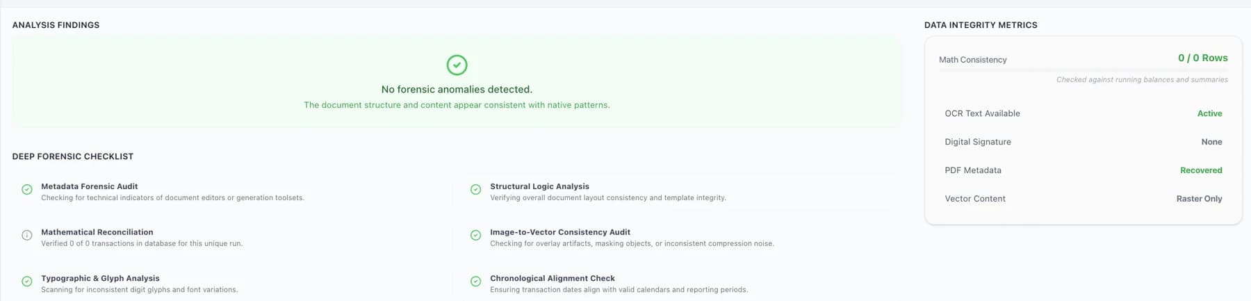 Document forensics screen flagging a manipulated statement